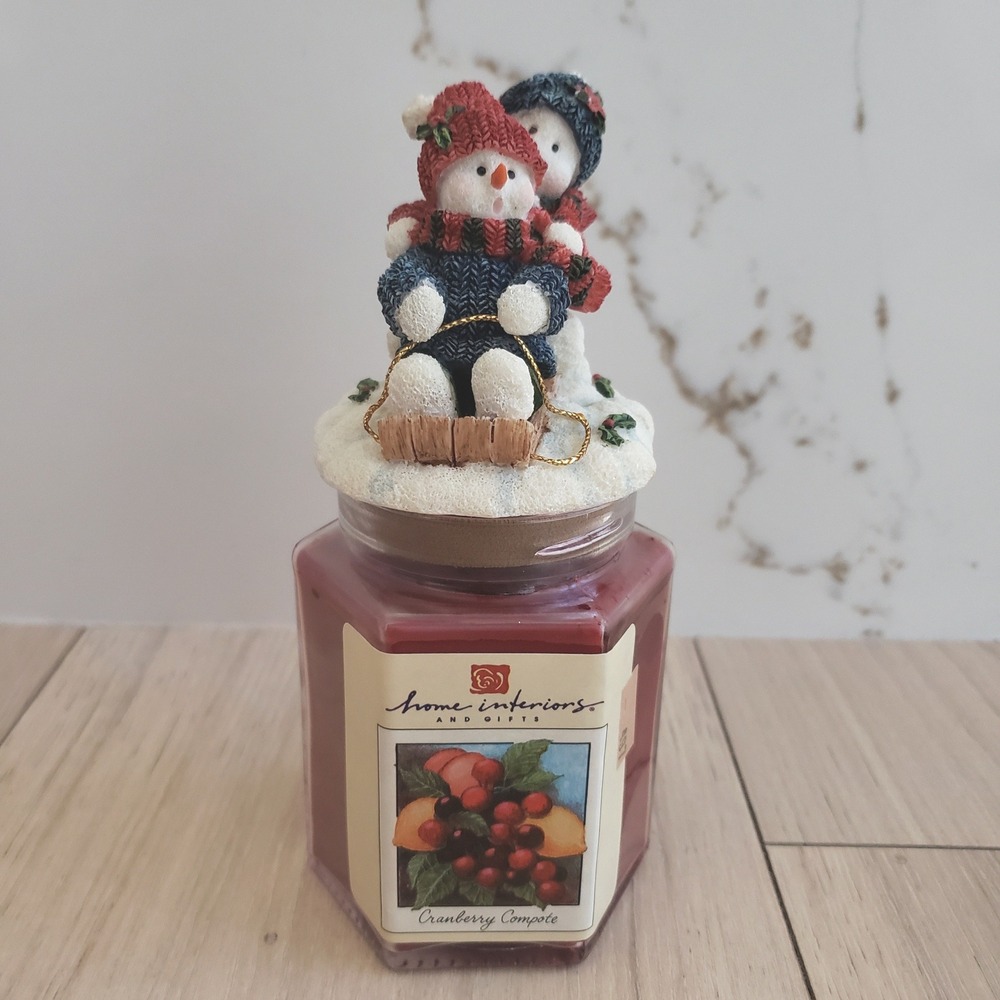 Home Interiors Cranberry Compote Candle Snowman Sled‎ Figurine Topper Gift